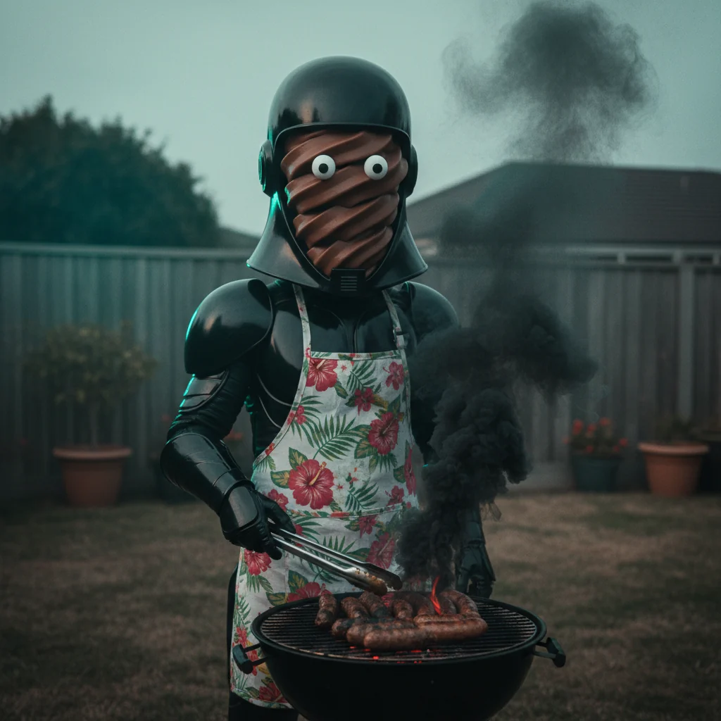 Armoured figure in a floral apron at a suburban barbecue