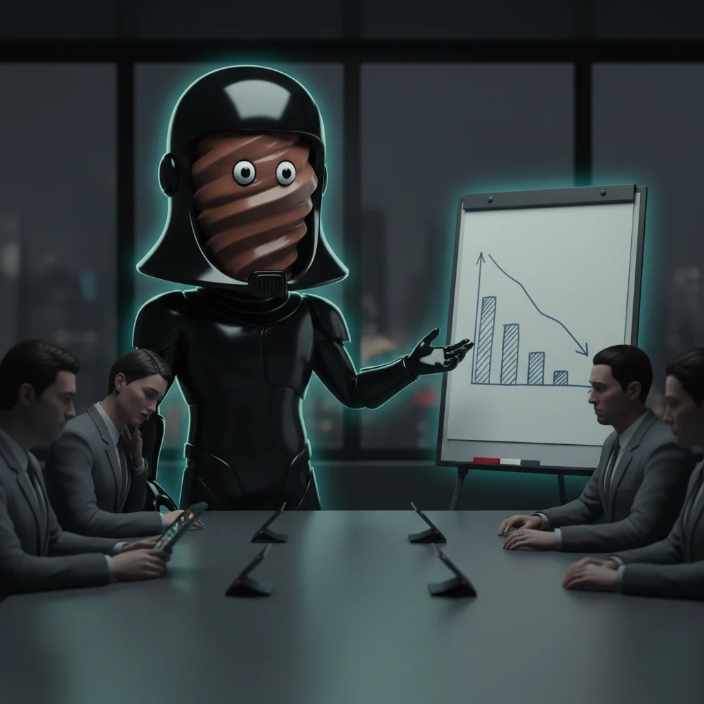 A black-armoured figure presenting pie charts to bored office workers