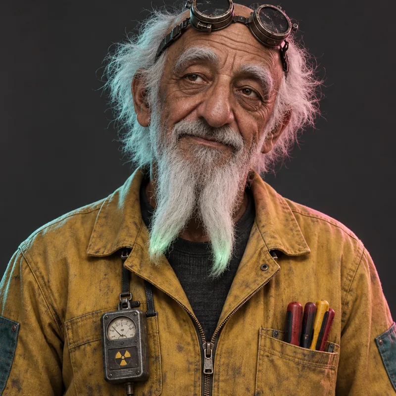 Abdul Won Chernobyl: an old man in a mustard boiler suit with a long white forked beard and goggles on his forehead