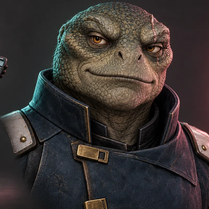 Baba Debt: a broad reptilian alien in a dark blue coat, smiling very slightly