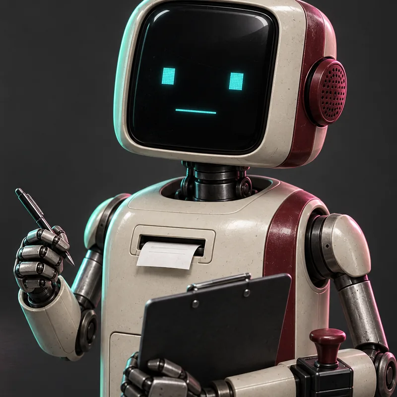 HR-2B: an ivory droid with a rounded screen for a head, two cyan eyes, a clipboard and a printer slot in its chest