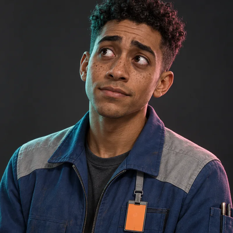 Lars Shift: a young man with short curly hair and freckles in a blue work jacket, looking up wearily