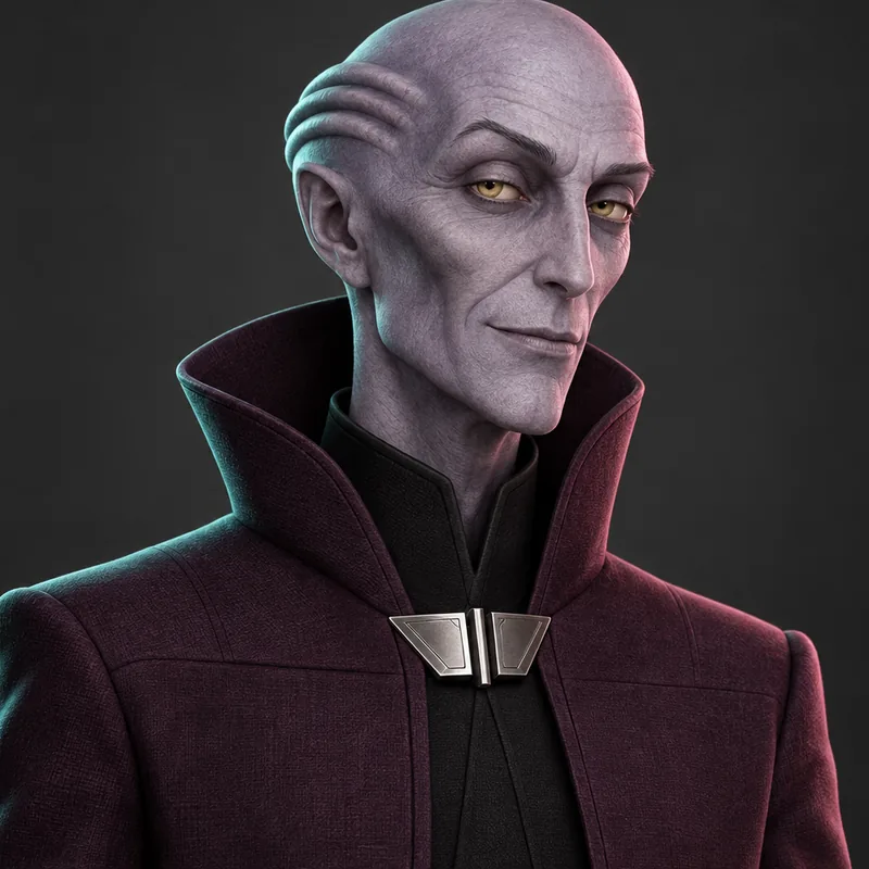 Mr President: a tall, thin, bald alien with grey-lavender skin and golden eyes, in a dark plum coat