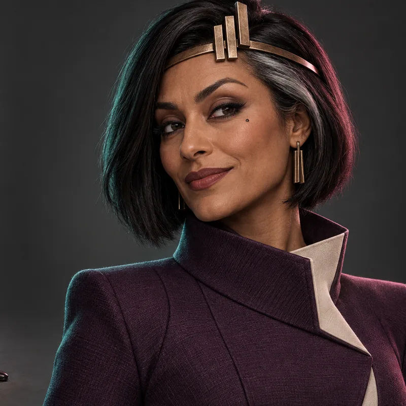 Princess Mierda: a woman with an asymmetric black bob and a silver streak, in an aubergine coat, smiling knowingly