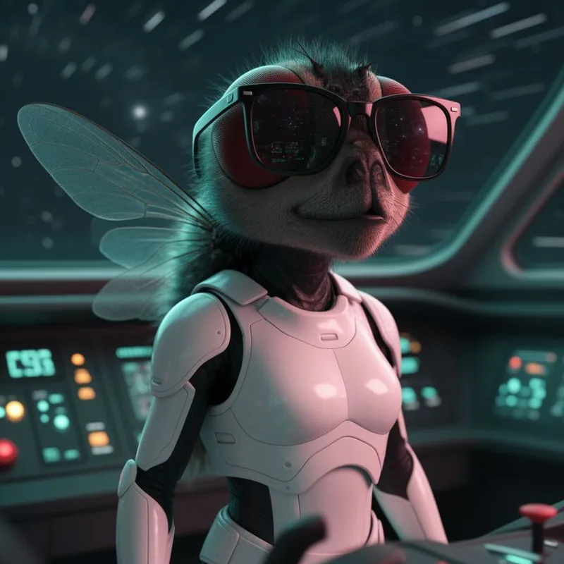 The Baddie: a Muscan in white armour and black square sunglasses at the controls of a ship, smiling slightly