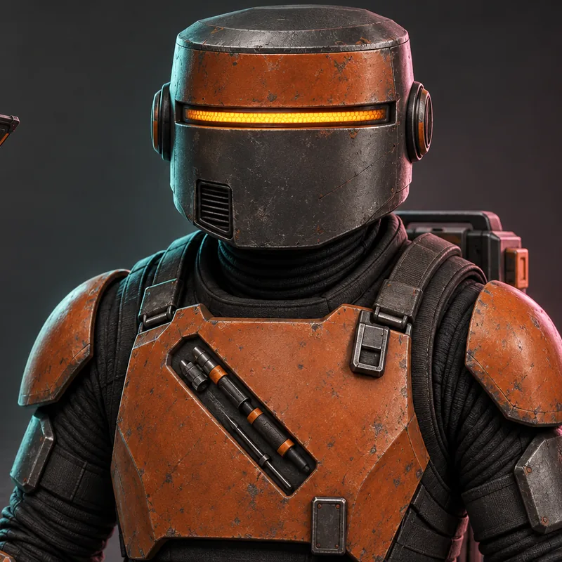 The Shitlorian: a figure in worn orange armour and a graphite helmet with a single amber visor