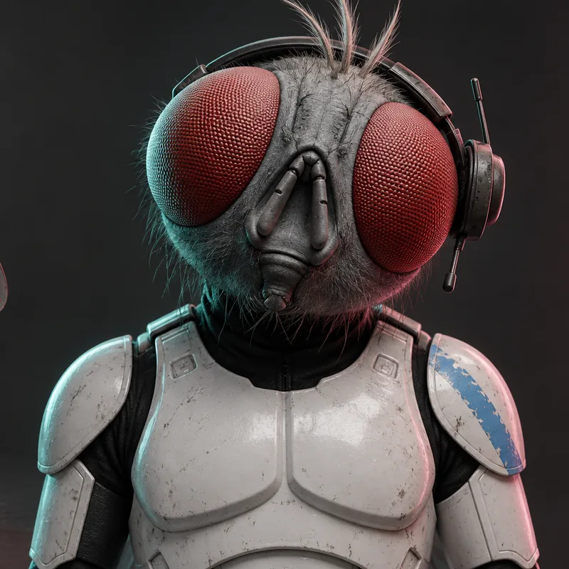 TK-404: a Muscan soldier with red compound eyes and a headset, in scuffed white armour, holding a lunchbox