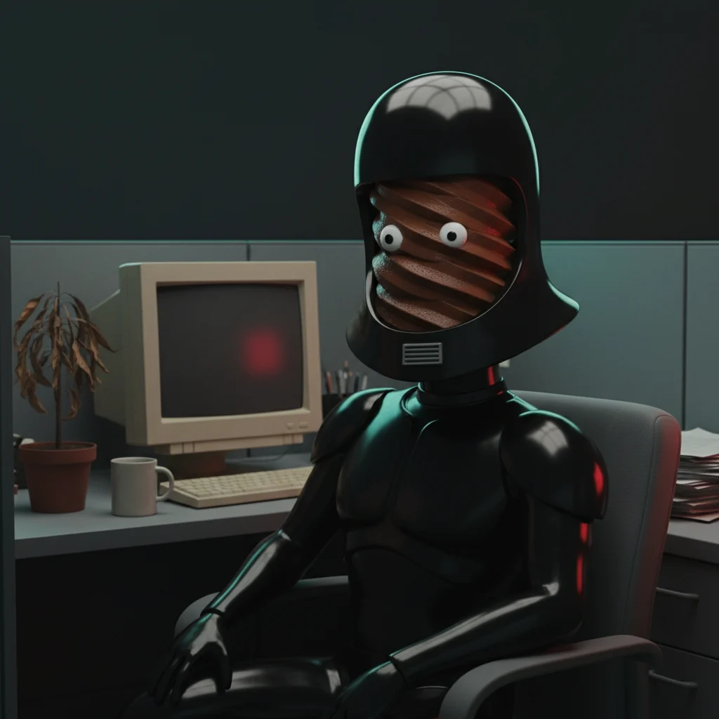 Black helmet resting on a cluttered office desk