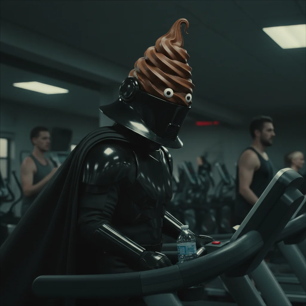 Armoured figure running on a treadmill in a neon gym
