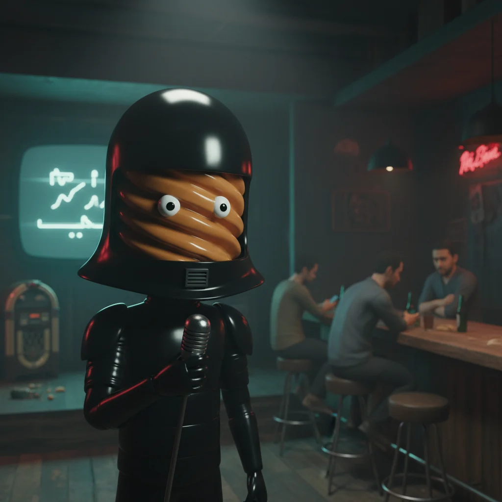 Armoured figure singing karaoke on a small bar stage