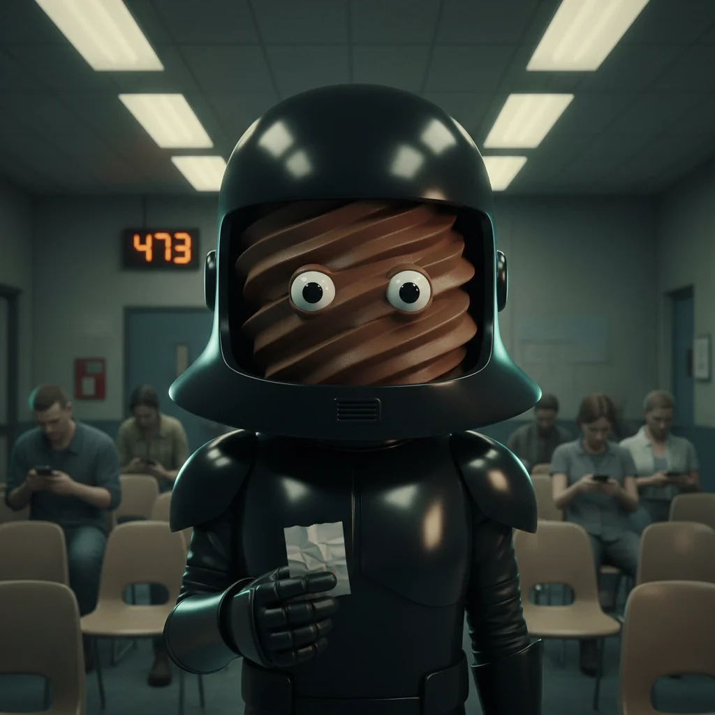 Armoured figure waiting in line at a government office
